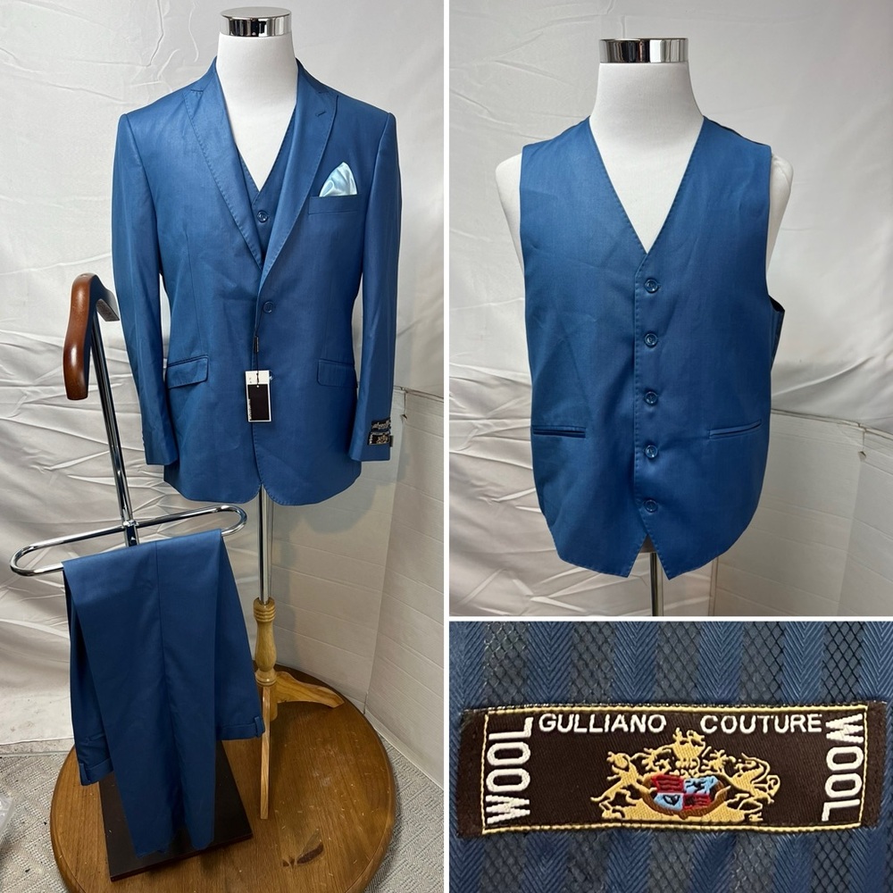 NWT $400 Men’s 44R X 38W Gulliano Couture Blue Wool Slim Fit 3-Piece Suit